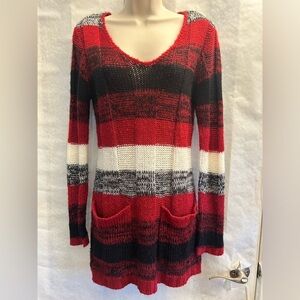 Ultra Flirt Red, Black, & White Striped Knitted Tunic Sweater‎ w/pockets Sz-L.F9